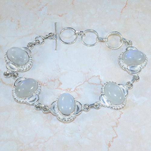 SUPERIOR RAINBOW MOONSTONE NATURAL GEMSTONE 925 SILVER BRACELET 7.5-8.5" - Y1289 J9