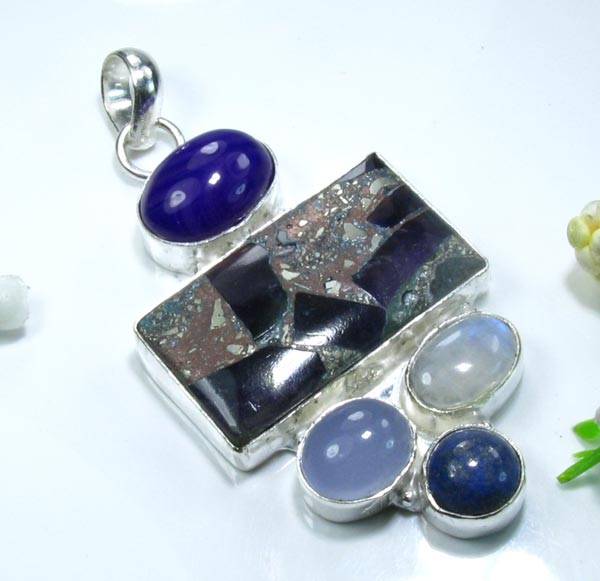COPPER CHALCEDONY+AGATE+MOONSTONE+LAPIS LAZULI NATURAL GEMSTONE 925 SILVER PENDANT 2.5" - K3894