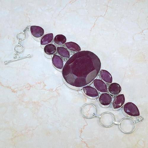 SPECTACULAR LARGE CHERRY RUBY NATURAL GEMSTONE 925 SILVER BRACELET 8.5" - W7461 J9