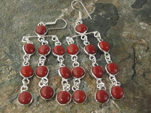 BOLD PEPPER RED CORAL NATURAL GEMSTONE 925 SILVER EARRINGS 3.5" - 0652