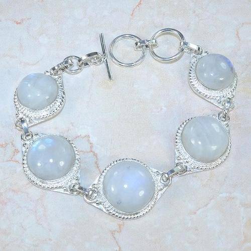 GLOWING RAINBOW MOONSTONE NATURAL GEMSTONE 925 SILVER BRACELET 7-8" - X1263 J9