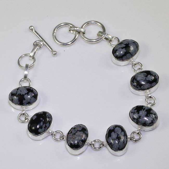 DELIGHTFUL SNOWFLAKE OBSIDIAN NATURAL GEMSTONE 925 SILVER BRACELET 7.25-8" - C4585 J13