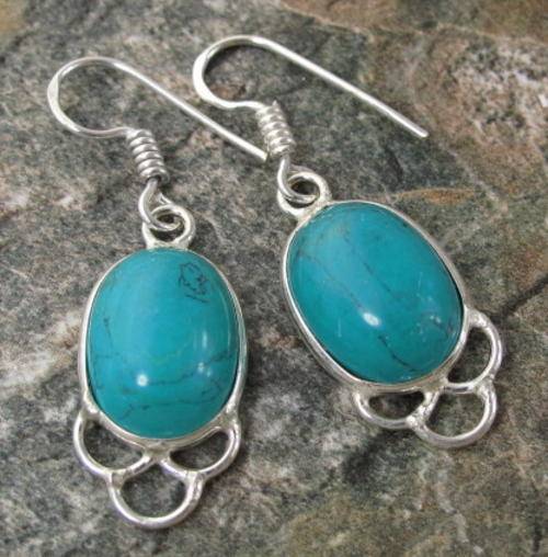 BEAUTIFUL BLUISH GREEN MAN MADE TURQUOISE GEMSTONE 925 SILVER EARRINGS 1.5" - 5991