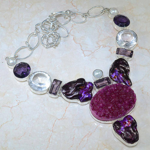 98 Grams OF MIXED GEMS NATURAL GEMSTONE 925 SILVER NECKLACE 18" - VC496 J14