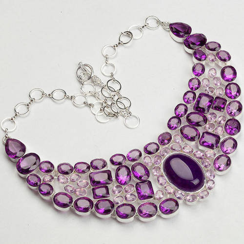 EXQUISITE AMETHYST, AGATE & PINK QUARTZ NATURAL GEMSTONE 925 SILVER NECKLACE 19"