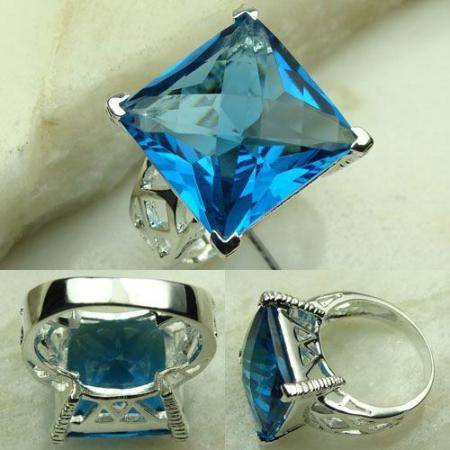 EXQUISITE CHECKERBOARD CUT PARIS BLUE QUARTZ GEMSTONE 925 SILVER RING STAMPED #7