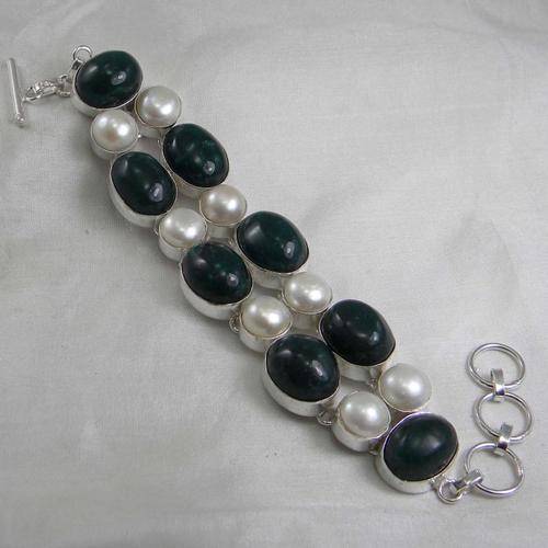 CLASSY CABOCHON EMERALD & RIVER PEARL NATURAL GEMSTONE 925 SILVER BRACELET 6.5-7.5" - BJB 129139