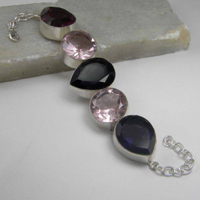 LARGE PURPLE AMETHYST & PINK QUARTZ NATURAL GEMSTONE 925 SILVER BRACELET 6.5-8.75" - BJB128372