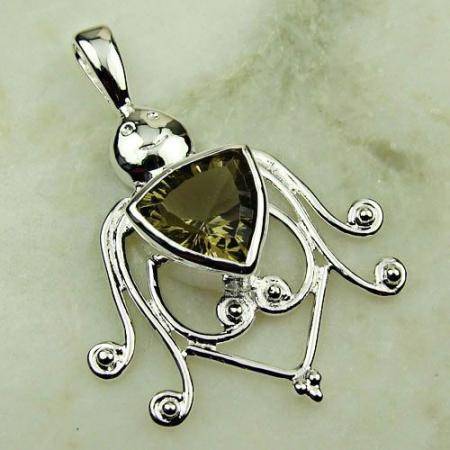 TRENDY SMOKY QUARTZ TRILLION CONCAVE CUT GEMSTONE 925 SILVER PENDANT 2.0"