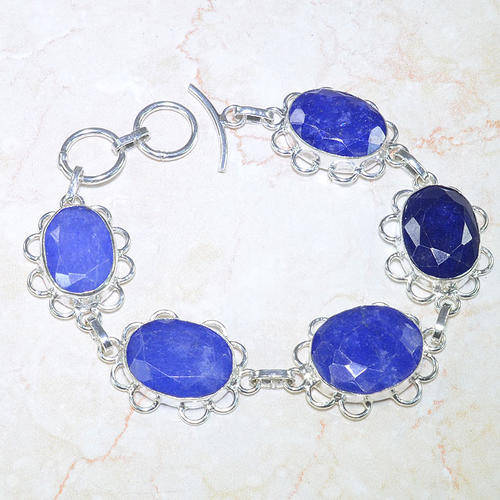 BEAUTIFUL NATURAL EARTH MINED FACETED BLUE SAPPHIRE GEMSTONE 925 SILVER BRACELET 7.5-8" - F31773 J17