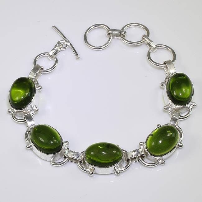 BRILLIANT PERIDOT GREEN QUARTZ NATURAL GEMSTONE 925 SILVER BRACELET 6-7.25" - B7563