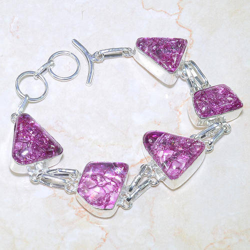 BEAUTIFUL SNAKESKIN QUARTZ NATURAL GEMSTONE 925 SILVER BRACELET 7-7.75" - G59667