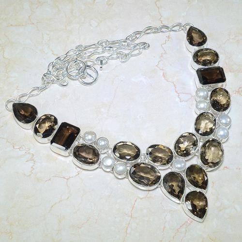 EXCEPTIONAL HUGE SMOKY QUARTZ & RIVER PEARL NATURAL GEMSTONE 925 SILVER NECKLACE 20" - E3624 J17