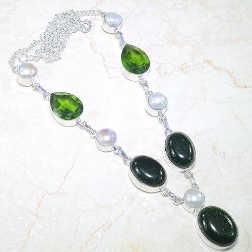 PHENOMENAL GLITTERING AVENTURINE & OTHER NATURAL GEMSTONE 925 SILVER NECKLACE 20.75" - F4546 J17