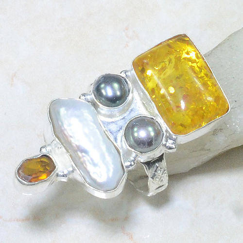 BALTIC AMBER, CITRINE & OTHER NATURAL GEMSTONE 925 SILVER RING #5.75 - F2501 J17