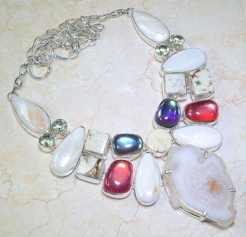 DRUZY, MOP, 2 KINDS MYSTIC TOPAZ, AMETHYST, JASPER NATURAL GEM 925 SILVER NECKLACE 21.5" - G64527