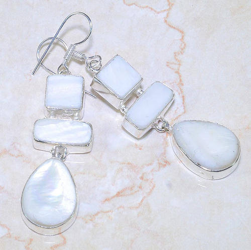 IMPRESSIVE MOTHER OF PEARL NATURAL GEMSTONE 925 SILVER EARRINGS 2.75" - G61646