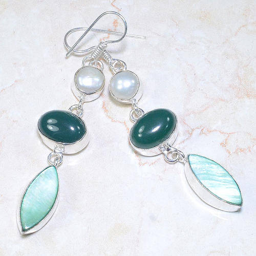 CAPTIVATING EMERALD CABOCHON, MOP & RIVER PEARL NATURAL GEMSTONE 925 SILVER EARRINGS 3" - G65854
