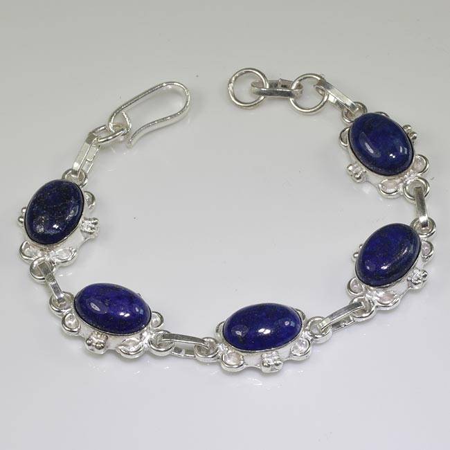 EXTRAORDINARY LAPIS LAZULI NATURAL GEMSTONE 925 SILVER BRACELET 7.5-8" - B8763