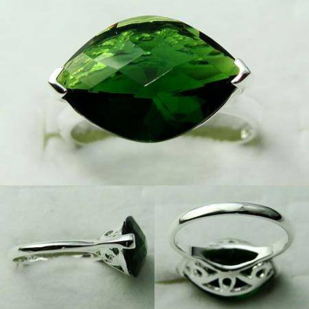 REGAL FOREST GREEN QUARTZ NATURAL GEMSTONE 925 SILVER RING #7 - CHECKERBOARD MARQUISE CUT VVS