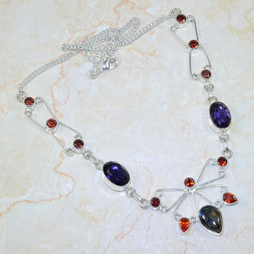 EXQUISITE AMETHYST, MADEIRA ORANGE CITRINE NATURAL GEMSTONE 925 SILVER NECKLACE 20"