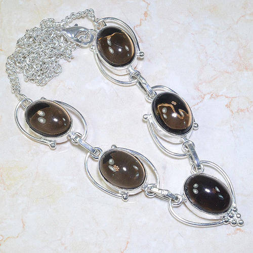 BEAUTIFULLY DESIGNED SMOKY QUARTZ NATURAL GEMSTONE 925 SILVER NECKLACE 19.5"