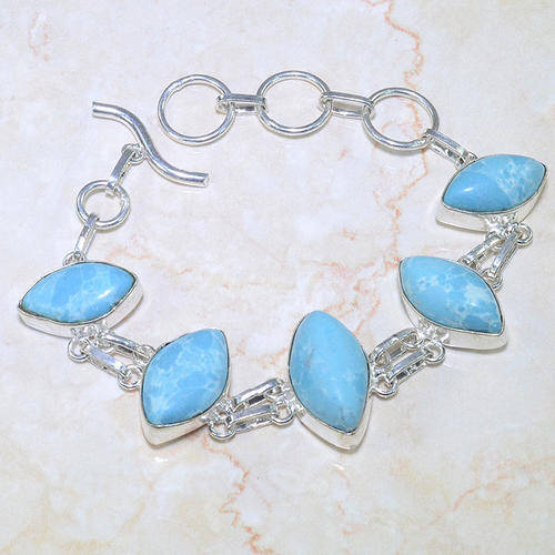 MAGNIFICENT "ATLANTIS STONE" LARIMAR NATURAL GEMSTONE 925 SILVER BRACELET 6.5-7.75"