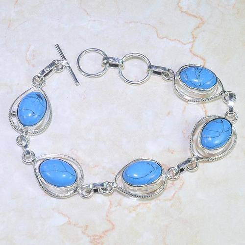 EXOTIC BLUE TURQUOISE NATURAL GEMSTONE 925 SILVER BRACELET 7.5-8.5"