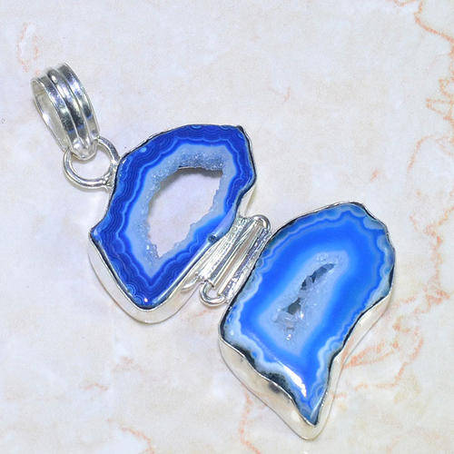 VIBRANT BRIGHT BLUE DOUBLE DRUZY NATURAL GEMSTONE 925 SILVER PENDANT 2.5"