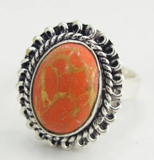 ORANGE/RED COPPER TURQUOISE NATURAL GEMSTONE 925 SILVER RING #8.75