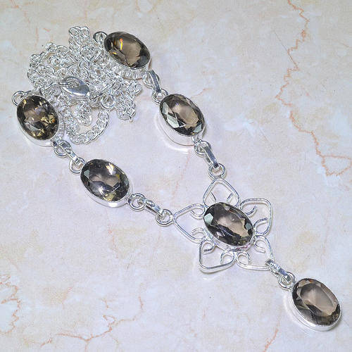 PERFECT FOR WINTER SMOKY QUARTZ NATURAL GEMSTONE 925 SILVER NECKLACE 21"