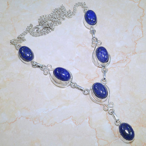 STUNNING LAPIS LAZULI NATURAL GEMSTONE 925 SILVER NECKLACE 18.75"