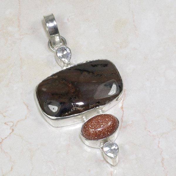JASPER, GOLD SUN SITARA, WHITE TOPAZ NATURAL GEMSTONE 925 SILVER PENDANT 2.75"