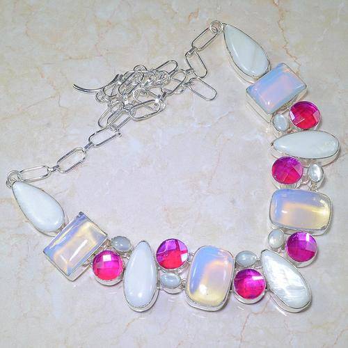SPECTACULAR MOTHER OF PEARL, PINK MYSTIC TOPAZ, OPALITE NATURAL GEMSTONE 925 SILVER NECKLACE 22"