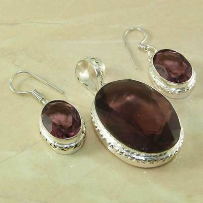 IMPERIAL FACETED PURPLE AMETHYST NATURAL GEM 925 SILVER PENDANT & EARRING SET 1.75"