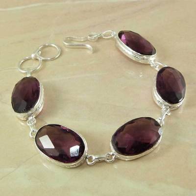 REGAL CHECKERBOARD CUT PURPLE AMETHYST NATURAL GEMSTONE 925 SILVER BRACELET 8.25"