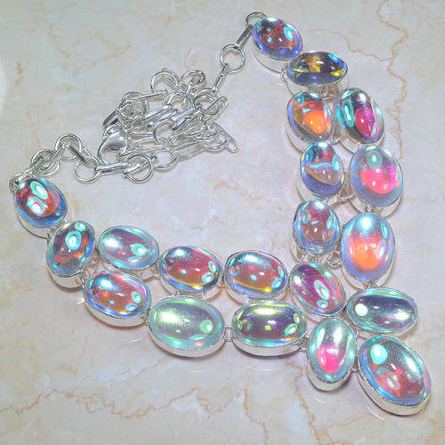 SPECTACULAR AQUA/PINK MYSTIC TOPAZ NATURAL GEMSTONE 925 SILVER NECKLACE 22"