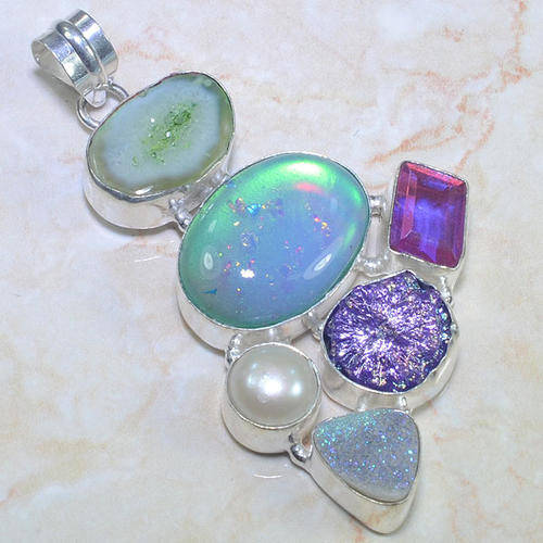 DRUZY, TITANIUM DRUZY, MYSTIC TOPAZ, RIVER PEARL NATURAL GEMSTONE 925 SILVER PENDANT 2.75"