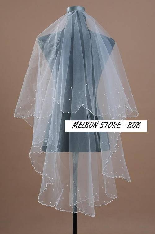 1 Tier WHITE Wedding Bridal 47" x 57" Pearls Scallop Edge Veil - O.C3