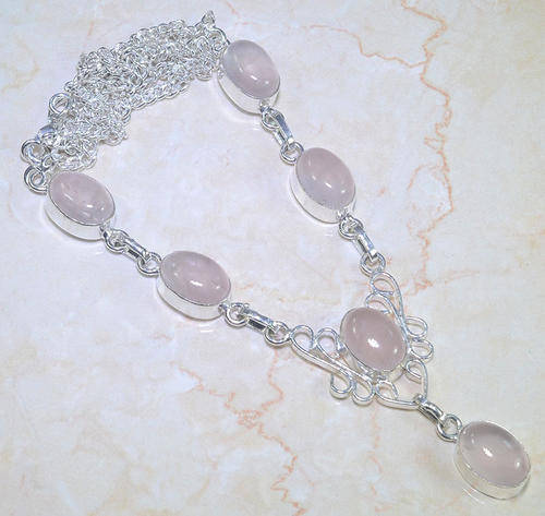 ENCHANTING PINK ROSE QUARTZ NATURAL GEMSTONE 925 SILVER NECKLACE 21.25"