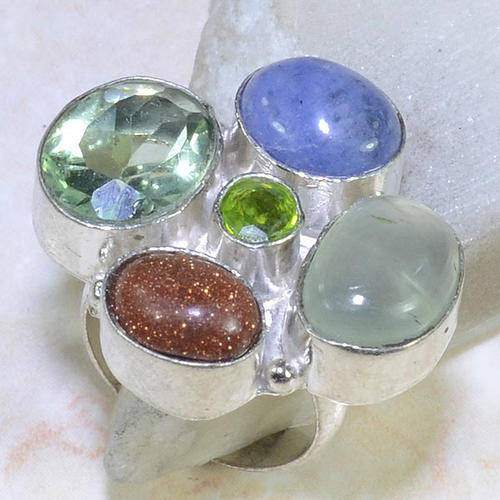 BARGAIN!!! PREHNITE, KYANITE, SITARA, PERIDOT GREEN QUARTZ NATURAL GEMSTONE 925 SILVER RING #6.5