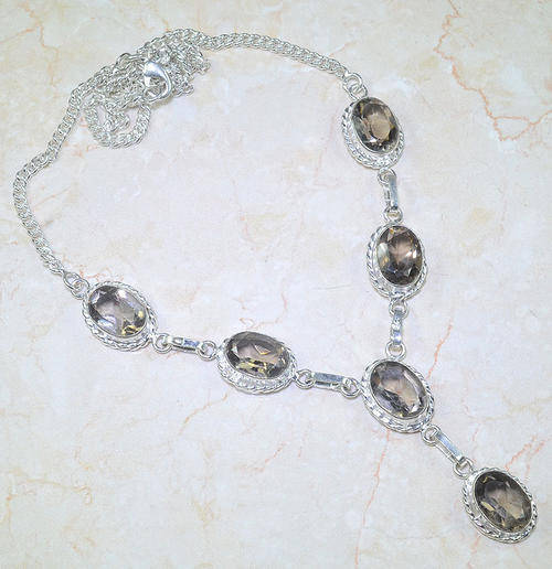 GORGEOUS SMOKY QUARTZ NATURAL GEMSTONE 925 SILVER NECKLACE 20.5"