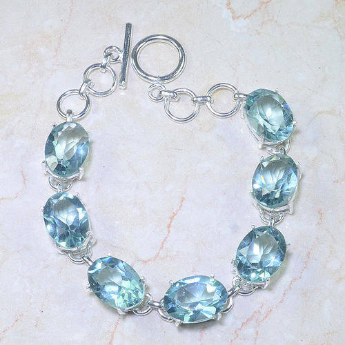 BARGAIN!!! GLISTENING AQUAMARINE BLUE QUARTZ NATURAL GEMSTONE 925 SILVER BRACELET 6.75-7.5"
