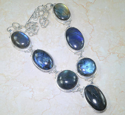 TOP QUALITY BLUE FIRE LABRADORITE NATURAL GEMSTONE 925 SILVER NECKLACE 20.5"