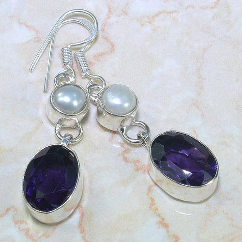 REGAL PURPLE AMETHYST & RIVER PEARL NATURAL GEMSTONES 925 SILVER EARRINGS 2"