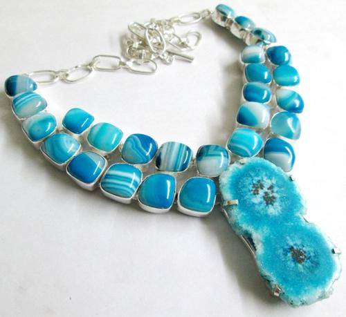 EXQUISITE SOLAR QUARTZ AND BANDED BOTSWANA AGATE NATURAL GEMSTONE 925 SILVER NECKLACE 19"