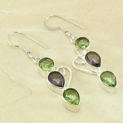 UNIQUE PURPLE AND GREEN AMETHYST (PRASIOLITE) NATURAL GEMSTONE 925 SILVER EARRINGS 2"
