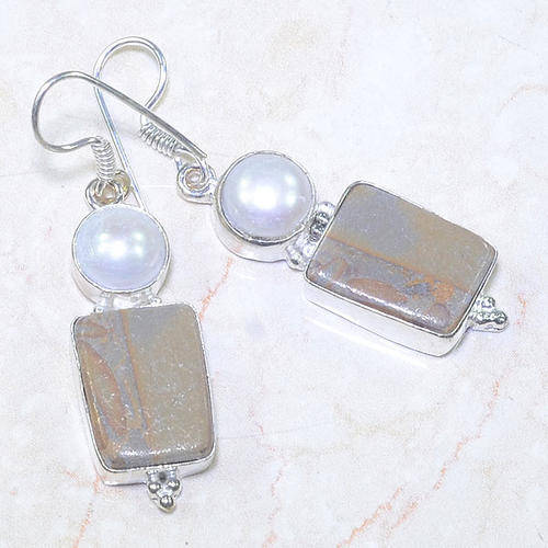 MARVELOUS AUTUMN JASPER & RIVER PEARL NATURAL GEMSTONE 925 SILVER EARRINGS 2"