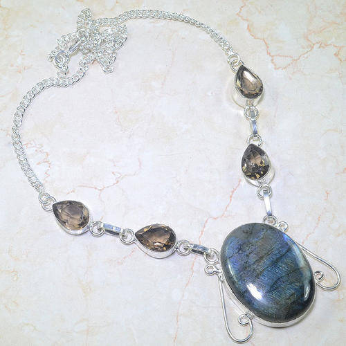 GORGEOUS BLUE FIRE LABRADORITE & SMOKY QUARTZ NATURAL GEMSTONE 925 SILVER NECKLACE 20"