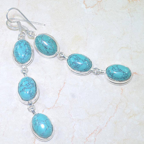 FABULOUS MEXICAN SPIDERWEB TURQUOISE GEMSTONE 925 SILVER DROP EARRINGS 3.25"
